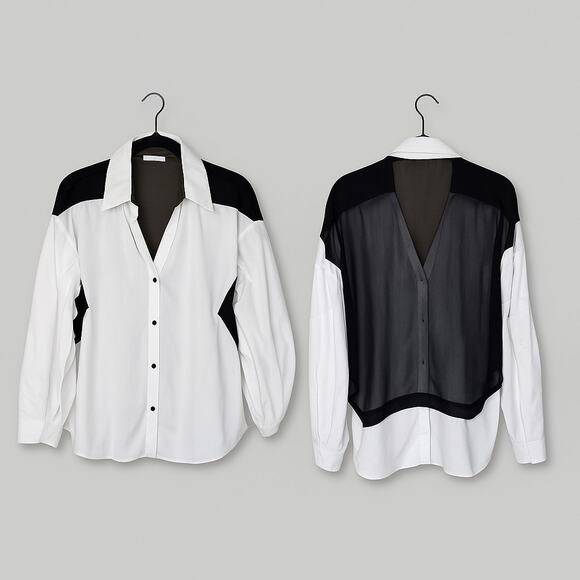Robert Rodriguez Womens Colorblock Snap Blouse Black White 6 Contrast - Picture 1 of 9